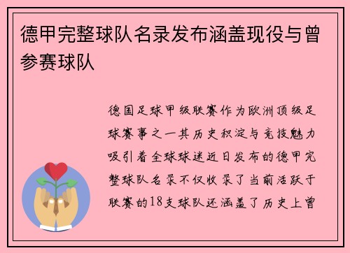 德甲完整球队名录发布涵盖现役与曾参赛球队