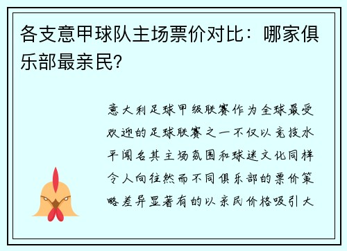 各支意甲球队主场票价对比：哪家俱乐部最亲民？